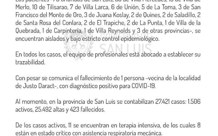 Parte Epidemiológico de Covid 19. Provincia de San Luis.